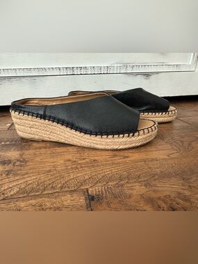 Franco Sarto L Pine Espadrilles Black Leather Peep Toe Wedge Women's Size 9